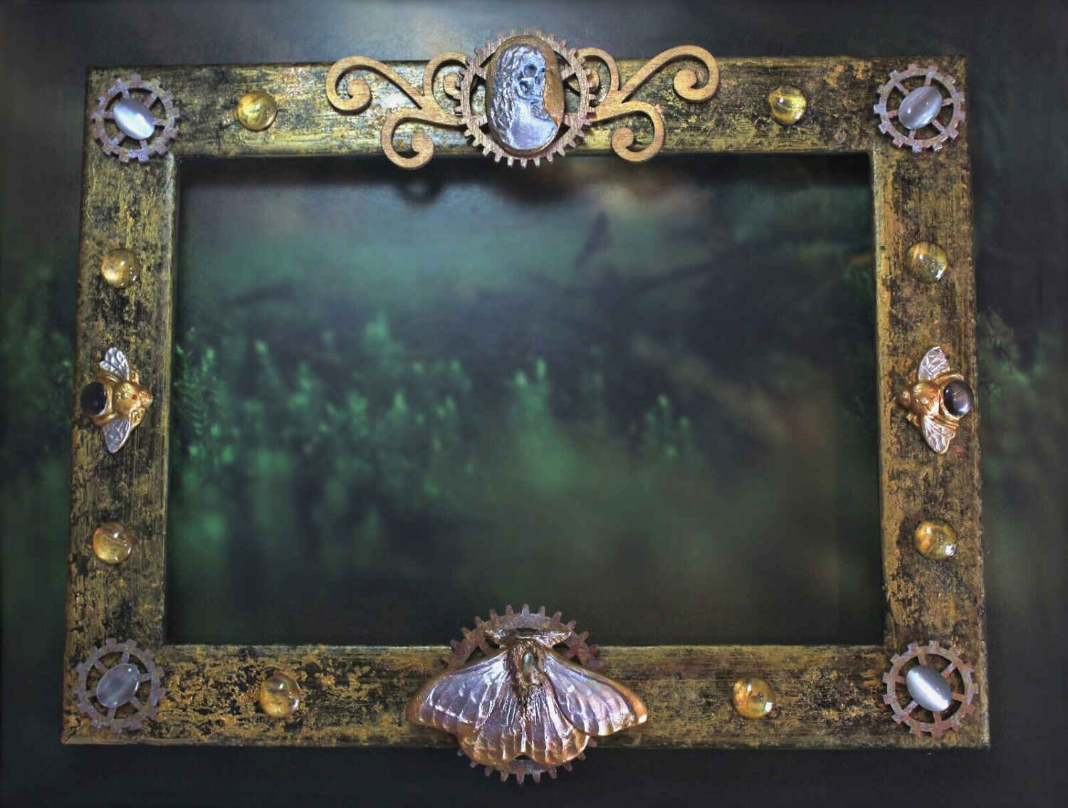 Steampunk A5 Photo Frame with Gold Clay Moth Bee Skull & Cogs Upcycled Shabby